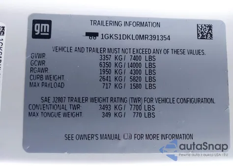 2021 GMC Yukon 2Wd Denali z USA, uszkodzony, nr VIN 1GKS1DKL0MR391354